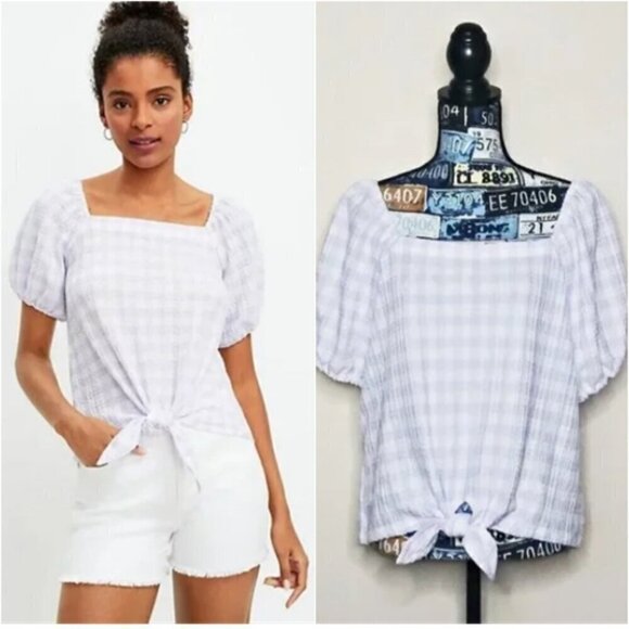 LOFT Gingham Smocked Square Neck Puff Sleeve Top Tie Front Blouse Sz L NWT - Picture 1 of 10